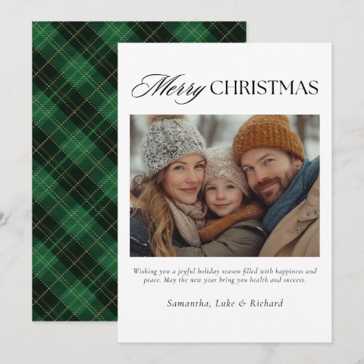 Christmas Green Plaid Family Photo Holiday Card シーズンカード (正面/裏面)