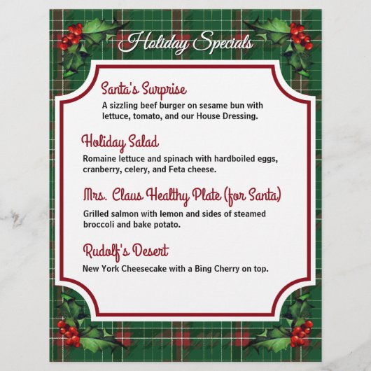 Christmas Green Plaid Restaurant Specials  チラシ (正面)