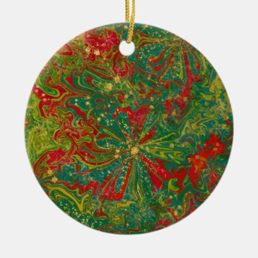 Christmas Green Red Gold abstract marbled  セラミックオーナメント (正面)