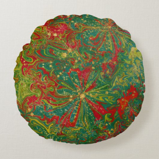 Christmas Green Red Gold abstract marbled  ラウンドクッション (正面)
