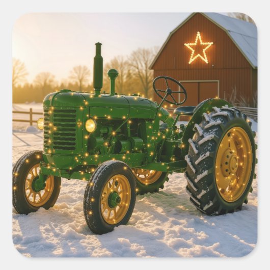 Christmas Green Tractor With Glowing Lights スクエアシール (正面)