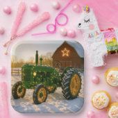 Christmas Green Tractor With Glowing Lights ペーパープレート (パーティー)