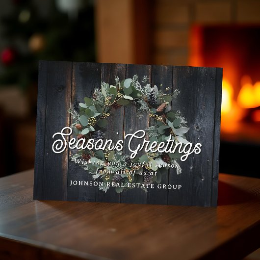 Christmas Green Wreath and Wood Season's Greetings ポストカード