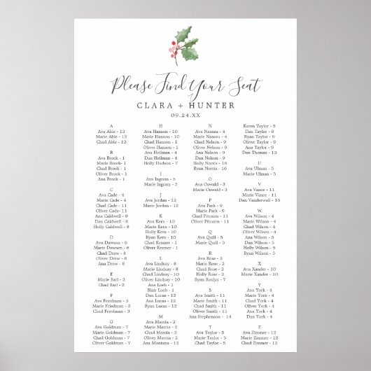 Christmas Greenery Alphabetical Seating Chart ポスター (正面)