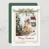 Christmas Greenery And Bow 1 Photo Golden Frame シーズンカード (正面/裏面)