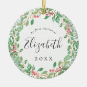 Christmas Greenery Baby's First Christmas Photo セラミックオーナメント (正面)