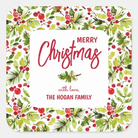 Christmas Greenery Berries Holiday スクエアシール (正面)