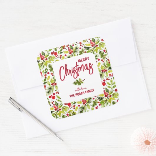 Christmas Greenery Berries Holiday スクエアシール (封筒)