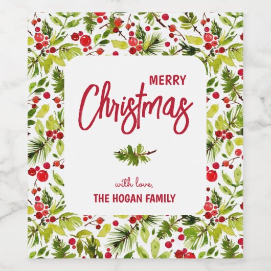 Christmas Greenery Berries Holiday ワインラベル (シングルラベル)