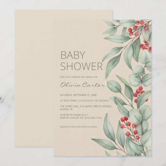 Christmas Greenery Berry Winter Baby Shower 招待状 (正面/裏面)