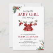 Christmas Greenery Merry Little Girl Baby Shower 招待状 (正面)