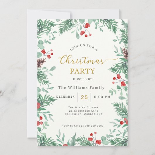 Christmas Greenery Watercolor Celebration Invitati 招待状 (正面)