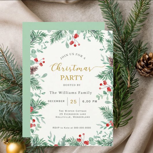 Christmas Greenery Watercolor Celebration Invitati 招待状