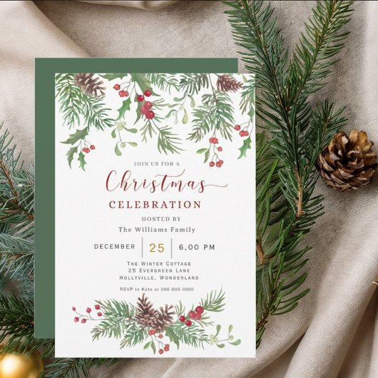 Christmas Greenery Watercolor Celebration Invitati 招待状