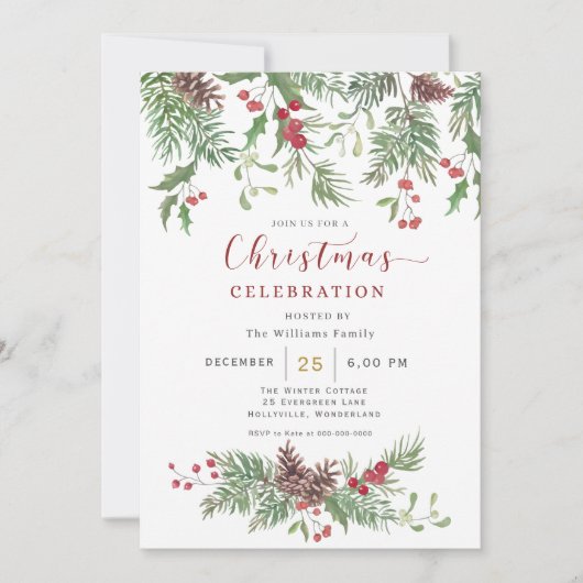 Christmas Greenery Watercolor Celebration Invitati 招待状 (正面)