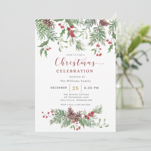 Christmas Greenery Watercolor Celebration Invitati 招待状 (スタンド正面)