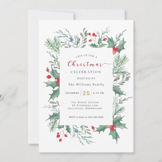 Christmas Greenery Watercolor Celebration Invitati 招待状 (正面)