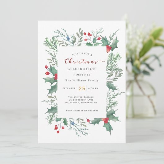 Christmas Greenery Watercolor Celebration Invitati 招待状 (スタンド正面)