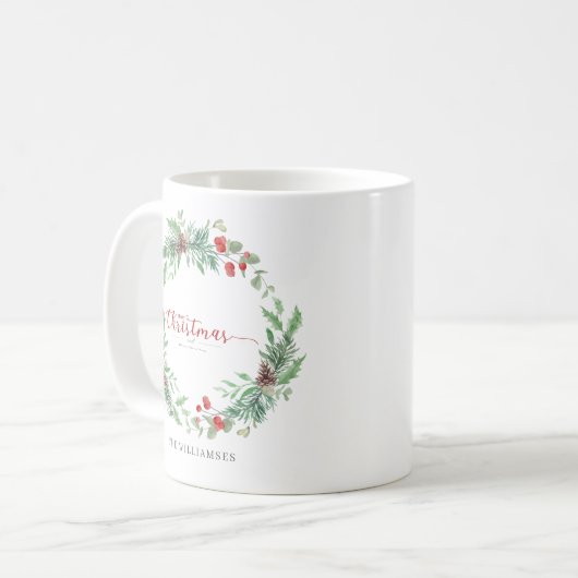 Christmas Greenery Watercolor Personalized Mug コーヒーマグカップ (正面左)