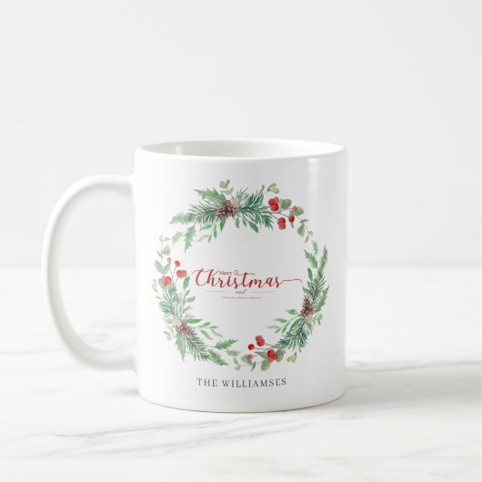 Christmas Greenery Watercolor Personalized Mug コーヒーマグカップ (左)