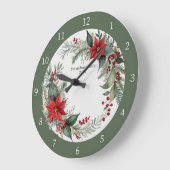 Christmas Greenery with Red Poinsettias Custom ラージ壁時計 (傾斜)