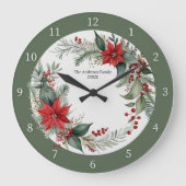 Christmas Greenery with Red Poinsettias Custom ラージ壁時計 (正面)