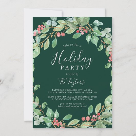 Christmas Greenery Wreath Holiday Party 招待状 (正面)