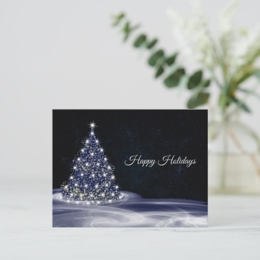 Christmas Greeting Blue Shiny Tree Winter Navy ポストカード (スタンド正面)