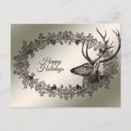 Christmas Greeting Floral Reindeer Golden Winter ポストカード
