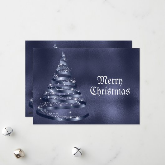 Christmas Greeting Shiny Blue Ribbon Tree Sparkle シーズンカード (正面/裏面インサイチュ)