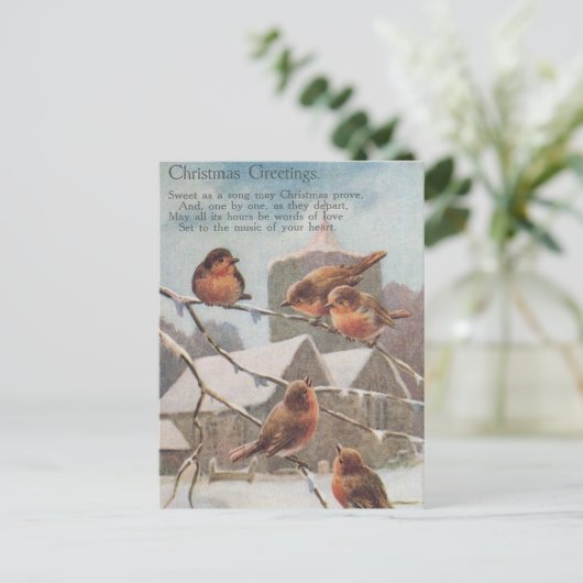 CHRISTMAS GREETINGS  five robins on branches ポストカード (スタンド正面)