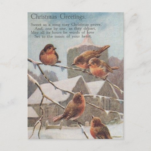 CHRISTMAS GREETINGS five robins on branches ポストカード (正面)
