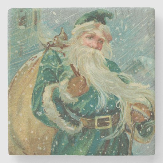 Christmas Greetings-Retro Santa Claus Postcard ストーンコースター (正面)