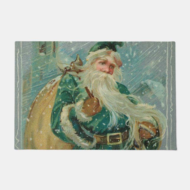 Christmas Greetings-Retro Santa Claus Postcard ドアマット (正面)