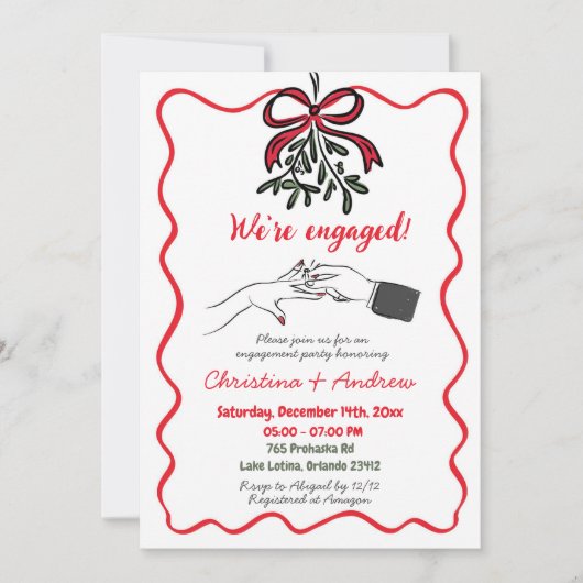 Christmas Hand Drawn Red Bow We're Engaged Party 招待状 (正面)