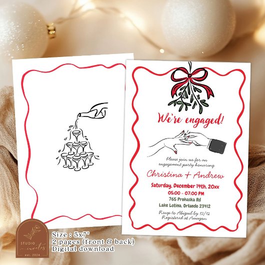 Christmas Hand Drawn Red Bow We're Engaged Party 招待状