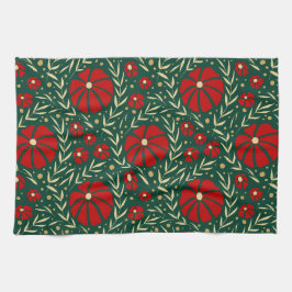 Christmas Hand-Drawn Red Flowers & Leaves キッチンタオル