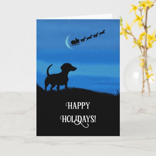 Christmas Happy Holidays with Cute Dachshund カード (黄色い花)