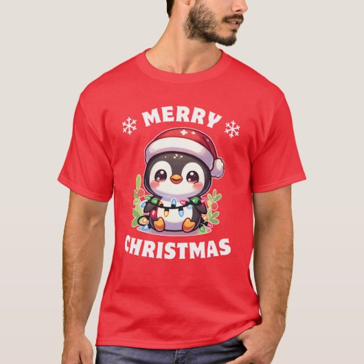 Christmas Hat Christmas Fairy Lights Penguin retro Tシャツ (正面)