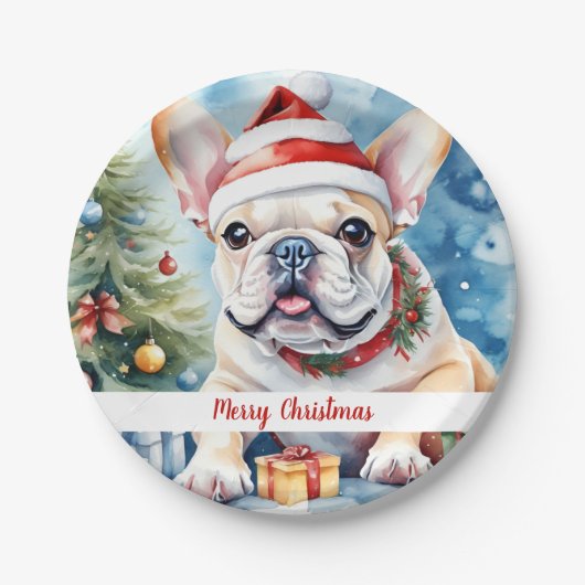 Christmas Hat Festive French Bulldog Paper Plates ペーパープレート (正面)