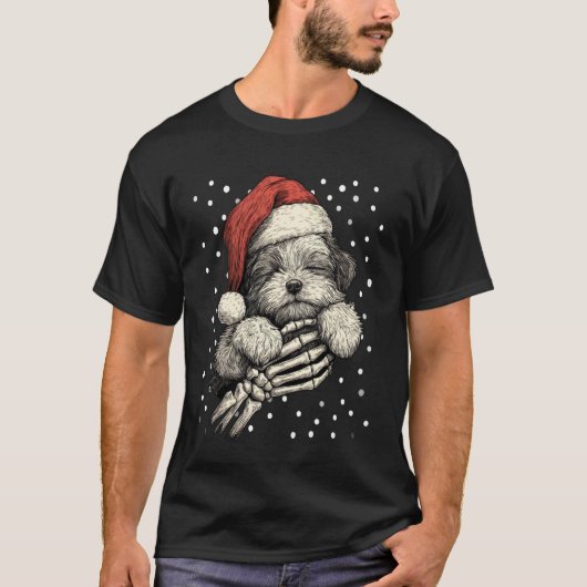 Christmas Havanese with Santa Hat Skeleton Hand Go Tシャツ (正面)