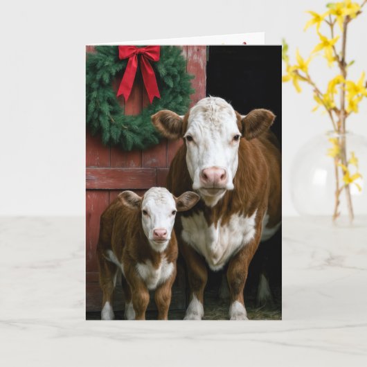 Christmas Hereford Cow and Calf カード (黄色い花)