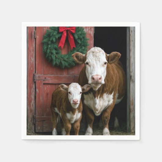 Christmas Hereford Cow and Calf スタンダードカクテルナプキン (正面)