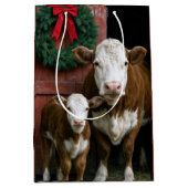 Christmas Hereford Cow and Calf ミディアムペーパーバッグ (正面)