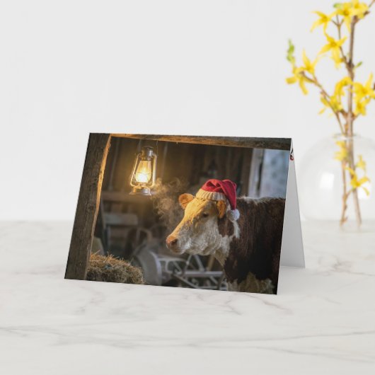 Christmas Hereford Cow in a Barn カード (黄色い花)
