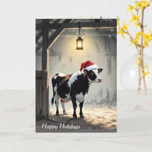 Christmas Hereford Cow In Barn Doorway カード (黄色い花)