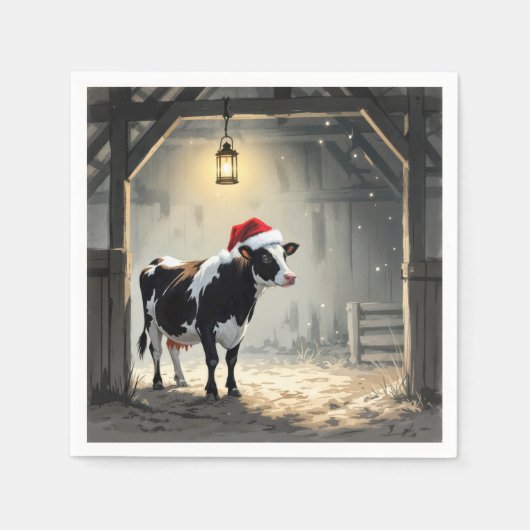 Christmas Hereford Cow In Barn Doorway スタンダードカクテルナプキン (正面)