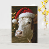 Christmas Hereford Cow Wearing a Santa Hat カード (黄色い花)