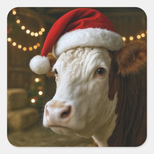 Christmas Hereford Cow Wearing a Santa Hat スクエアシール (正面)