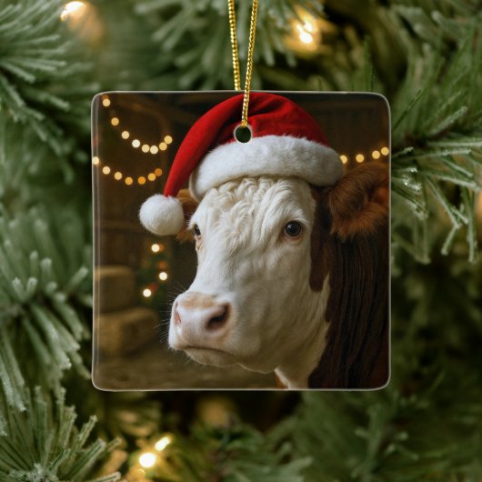 Christmas Hereford Cow Wearing a Santa Hat セラミックオーナメント (ツリー)